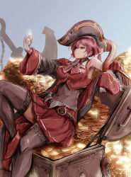 1girl ankle_boots arm_support arrow_through_heart ascot bicorne black_coat black_hat black_thighhighs boots breasts brooch buttons coat coin commentary_request cropped_jacket eyepatch fold-over_boots foot_out_of_frame gloves gold_coin gold_trim hair_ribbon hat highres hololive houshou_marine houshou_marine_(1st_costume) jacket jewelry knee_up lace lace-trimmed_thighhighs lace_trim leaning_back leotard leotard_under_clothes long_hair looking_at_object medium_breasts miniskirt nymph_rhythm off_shoulder pirate pirate_hat pleated_skirt red_ascot red_eyes red_hair red_jacket red_ribbon red_skirt ribbon see-through_clothes see-through_leotard skirt sleeveless sleeveless_jacket solo thighhighs treasure treasure_chest twintails virtual_youtuber white_gloves