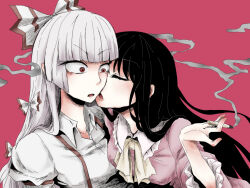2girls blunt_bangs bow cigarette closed_eyes commentary_request dress fujiwara_no_mokou hair_bow highres houraisan_kaguya long_hair multiple_girls open_mouth pink_dress red_background red_eyes shirt simple_background smoking suspenders tonfa_(sisio) touhou v-shaped_eyebrows white_hair white_shirt yuri