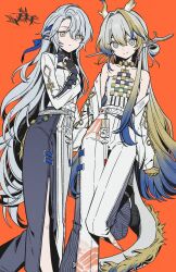 2girls arknights asymmetrical_clothes bare_shoulders black_dress blonde_hair blue_hair blue_pupils brown_eyes character_request copyright_request dragon_girl dragon_horns dragon_tail dress gradient_hair grey_eyes grey_hair hair_ornament hairpin highres horns jacket layered_dress long_hair m4k3inu multicolored_hair multiple_girls off_shoulder pants pointy_ears red_pupils shu_(arknights) side_slit strapless tail tube_top very_long_hair white_dress white_jacket white_pants white_tube_top