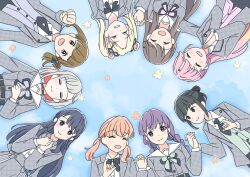 3rd_live_tour_try_tri_unity!!! 6+girls :d ^_^ anyoji_hime birdcage_(love_live!) black_choker black_hair black_necktie black_pants black_ribbon blazer blonde_hair blue_background blue_hair blunt_bangs blush braid brown_hair cardigan cerise_bouquet choker circle_formation closed_eyes closed_mouth collared_shirt colored_inner_hair commentary_request dark_blue_hair diagonal_bangs dollchestra double_bun dress dress_shirt flower_symbol fujishima_megumi gradient_hair green_cardigan green_eyes green_ribbon grey_cardigan grey_dress grey_hair grey_jacket grey_ribbon grey_shirt grin hair_bun hair_ornament hair_ribbon half_updo hanamusubi_(love_live!) highres hinoshita_kaho holding_hands interlocked_fingers jacket josho_kiryu_(love_live!) kachimachi_kosuzu light_blue_hair link!_like!_love_live! long_hair long_sleeves looking_at_viewer love_live! low_twin_braids low_twintails lying medium_hair mira-cra_park! momose_ginko multicolored_hair multiple_girls murano_sayaka neck_ribbon necktie o-ring o-ring_choker official_alternate_costume official_alternate_hairstyle on_back open_clothes open_jacket open_mouth orange_hair osawa_rurino otomune_kozue own_hands_together palms_together pants pink_cardigan pink_eyes pink_hair pinky_out pleated_skirt ponytail purple_hair red_hair ribbon sailor_collar shirt short_hair short_necktie side_ponytail sidelocks single_hair_bun single_side_bun skirt smile split_mouth star_(symbol) star_hair_ornament teeth tottsan twin_braids twintails upper_teeth_only virtual_youtuber w_arms white_sailor_collar white_shirt yugiri_tsuzuri