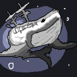 animal baeloe black_border black_eyes border bubble greyscale highres limbus_company mast monochrome pixel_art project_moon shadow ship the_pallid_whale watercraft whale