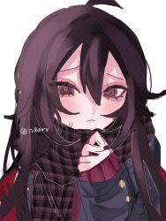 1girl :&lt; ahoge black_coat black_hair black_scarf buttons coat dot_nose double-parted_bangs frown hair_between_eyes honkai_(series) honkai_impact_3rd iilorv looking_at_viewer multicolored_hair plaid_clothes plaid_scarf portrait red_eyes scarf seele_(alter_ego) seele_vollerei simple_background sketch sleeves_past_wrists solo sweatdrop tsurime twitter_username two-tone_hair white_background