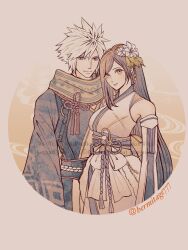 1boy 1girl bare_shoulders black_hair blonde_hair blue_eyes breasts closed_mouth cloud_strife cloud_strife_(official_festive_garb) commentary_request cowboy_shot detached_sleeves earrings final_fantasy final_fantasy_vii final_fantasy_vii_ever_crisis flower ha_lu77 hair_flower hair_ornament highres japanese_clothes jewelry kimono long_hair looking_at_viewer medium_breasts obi official_alternate_costume red_eyes sash scarf short_hair sleeveless sleeveless_kimono smile spiked_hair straight_hair swept_bangs tassel tifa_lockhart tifa_lockhart_(festive_blue_daffodil_attire) twitter_username white_kimono wide_sleeves