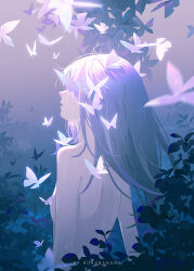 1girl artist_name breasts bug butterfly convenient_censoring covered_eyes from_behind highres huhv. insect leaf long_hair nude open_mouth original parted_lips plant purple_theme small_breasts solo upper_body white_butterfly