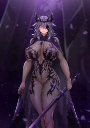 Rule 34 | 1girl, ai-generated art (topic), alternate costume, black bodysuit, black cape, black cloak, bodystocking, bodysuit, breasts, breasts apart, cape, chanary, chronopattern dress, cloak, closed mouth, crown, eyepatch, holding, holding sword, holding weapon, huge breasts, kantai collection, looking at viewer, medium hair, meme attire, purple hair, see-through bodysuit, see-through clothes, shiny skin, solo, standing, sword, tenryuu (kancolle), tenryuu kai ni (kancolle), weapon, yellow eyes