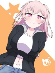 Rule 34 | :3, bang dream!, blush, breasts, collarbone, denim, denim shorts, highres, hiromachi nanami, jacket, large breasts, leg grab, long hair, long sleeves, looking at viewer, nfch 05054, open clothes, open jacket, pink eyes, pink hair, shirt, shorts, stomach, white shirt