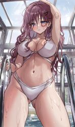 1girl arm_up armpits bikini blush breasts breasts_apart collarbone gluteal_fold groin highres large_breasts linea_alba long_hair looking_at_viewer navel original pool pool_ladder poolside purple_hair saya_(mychristian2) solo stomach swimsuit very_long_hair water_drop white_bikini