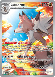 animal_focus artist_name blue_eyes blue_sky card_(medium) character_name closed_eyes closed_mouth cloud company_name copyright_name copyright_notice day english_text evolutionary_line from_side gen_7_pokemon king_gidora lycanroc lycanroc_(midday) lying nintendo no_humans official_art outdoors pokemon pokemon_(creature) pokemon_card pokemon_focus pokemon_tcg rockruff sky sleeping spikes sunlight third-party_source trading_card u_u