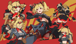 1girl absurdres black_gloves black_hair black_jacket black_skirt black_thighhighs black_tube_top blonde_hair breasts burnice_white cleavage crop_top eve_fcat eyewear_on_head fingerless_gloves flamethrower gloves hair_between_eyes highres holding holding_flamethrower holding_weapon jacket large_breasts medium_hair orange_eyes red-tinted_eyewear red_background skirt smile spiked_belt spiked_jacket strapless thighhighs tinted_eyewear tube_top twintails weapon zenless_zone_zero