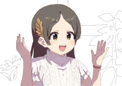1girl atama_ga_paan_(meme) brown_eyes brown_hair commentary_request fuka_(kantoku) gakuen_idolmaster hair_ornament highres idolmaster kuramoto_china leaf_hair_ornament long_hair meme open_mouth parted_hair shirt smile soka_gakkai_international solo upper_body white_background white_shirt