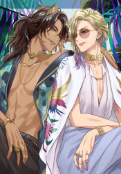 2boys absurdres animal_ears blonde_hair brown_hair dark-skinned_male dark_skin elbow_on_another&#039;s_shoulder eye_contact gradient_hair green_eyes highres jewelry leona_kingscholar lion_boy lion_ears long_hair looking_at_another looking_at_viewer male_focus multicolored_hair multiple_boys multiple_rings neck_ring necklace plunging_neckline ponytail purple_eyes purple_hair revision ring sitting sunglasses toned toned_male twisted_wonderland ukichan12011 vil_schoenheit yaoi