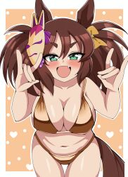 1girl absurdres alternate_costume animal_ears bare_shoulders bikini blush border bow breasts cleavage commentary_request cowboy_shot double_fox_shadow_puppet ear_ornament fang fox_mask fox_shadow_puppet gold_bikini green_eyes hair_between_eyes hair_bow heart highres horse_ears horse_girl horse_tail inari_one_(umamusume) ken725011186 large_breasts leaning_forward long_hair mask navel open_mouth outside_border polka_dot polka_dot_background sidelocks smile solo stomach swimsuit tail thick_eyebrows thigh_gap umamusume white_border yellow_background
