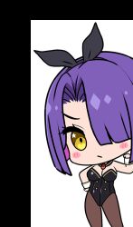 1girl :/ animal_ear_hairband animal_ears arm_up black_leotard black_pantyhose blush bob_cut bow bowtie breasts chibi chibi_only cleavage colored_inner_hair covered_navel deformed derauea detached_collar fake_animal_ears game_cg giltia_lu_dorud hair_over_one_eye hairband hand_on_own_hip highleg highleg_leotard large_breasts leotard looking_at_viewer motto!_haramase!_honoo_no_oppai_isekai_oppai_bunny_gakuen! multicolored_hair non-web_source official_art pantyhose pink_hair playboy_bunny purple_hair rabbit_ear_hairband rabbit_ears solo star_(symbol) star_in_eye strapless strapless_leotard symbol_in_eye two-tone_hair white_wrist_cuffs wrist_cuffs yellow_eyes
