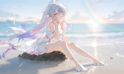 1girl absurdres ayumeyatto bare_shoulders blue_eyes blue_hair blue_sky blurry blurry_background breasts choker closed_mouth cloud colored_inner_hair commentary commission day dress english_commentary eyelashes floating_clothes floating_hair full_body hair_over_one_eye hand_up highres indie_virtual_youtuber leaning_forward long_hair looking_at_viewer medium_breasts multicolored_hair noa_talent ocean on_rock one_eye_covered outdoors pink_hair ponytail rainbow rock sandals sayu_sincronisity short_dress sitting sky sleeveless sleeveless_dress smile solo spaghetti_strap sundress two-tone_hair very_long_hair virtual_youtuber white_choker white_dress white_sandals wind