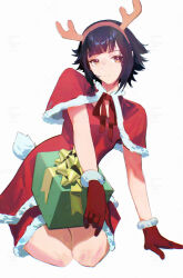 1girl alice_(raneblu) arm_support black_hair box breasts brown_eyes capelet closed_mouth dress fake_horns fake_tail freckles fur-trimmed_capelet fur-trimmed_dress fur-trimmed_gloves fur_trim gift gift_box gloves hairband highres horns kneeling looking_at_viewer neck_ribbon original raneblu red_dress red_gloves red_skirt ribbon santa_costume short_hair simple_background skirt small_breasts solo tail white_background
