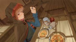 1girl absurdres apple blue_shirt blush brown_cloak brown_hair cloak coin commission duang_(user_tsag8258) fang food fruit grey_vest highres holding holding_coin holo hood hooded_cloak indoors long_sleeves looking_at_viewer money pixiv_commission red_eyes shirt solo spice_and_wolf vest