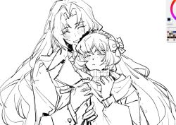 2girls bow closed_eyes closed_mouth coat freckles greyscale hair_bow hairband hands_up hug ishmael_(project_moon) jingshenhuanghu lapels limbus_company long_hair long_sleeves mole mole_under_eye monochrome multiple_girls notched_lapels parted_bangs project_moon ribbed_sweater rodion_(project_moon) rope sidelocks simple_background sweater turtleneck turtleneck_sweater very_long_hair yuri