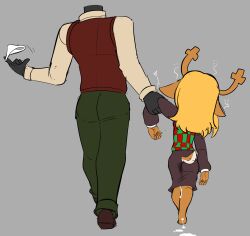 1boy 1girl aftersex age_difference aged_down animal_ears antlers ass black_skirt black_sleeves blonde_hair cum cumdrip deer_antlers deer_ears deer_girl deer_tail deltarune dress_shirt from_behind furry furry_female furry_male furry_with_furry grabbing_another&#039;s_arm green_pants grey_background heart hetero loli long_hair long_skirt long_sleeves noelle_holiday panties pants red_vest shirt shoes simple_background size_difference skirt sweater_vest tail teacher teacher_and_student underwear unworn_panties vest walking white_panties white_shirt
