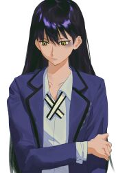 1girl absurdres black_hair blue_jacket collared_shirt commentary dress_shirt gundam gundam_gquuuuuux hair_between_eyes highres holding_own_arm jacket long_hair long_sleeves nyaan_(gundam_gquuuuuux) open_clothes open_jacket rainbow_hose shirt simple_background solo white_background white_shirt yellow_eyes