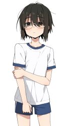 1girl black-framed_eyewear black_hair blue_shorts blush brown_eyes closed_mouth cowboy_shot glasses gym_shirt gym_shorts gym_uniform hand_on_own_arm highres itami_sumihito jimiko looking_at_viewer original shirt short_hair short_sleeves shorts simple_background solo standing striped_clothes striped_shirt white_background white_shirt