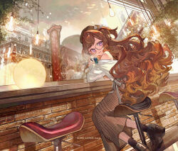 Rule 34 | 1girl, anya melfissa, brown hair, closed mouth, commentary request, copyright notice, glasses, hat, hololive, hololive indonesia, long hair, long skirt, looking at viewer, nozaki tsubata, official art, plaid clothes, plaid skirt, purple eyes, shirt, shirt tucked in, single bare shoulder, sitting, skirt, solo, stool, virtual youtuber, white shirt
