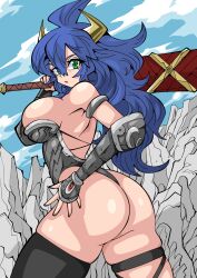 1girl armor ass blue_hair breasts female_focus from_behind highres large_breasts long_hair looking_at_viewer looking_back original outdoors solo standing sword warrior weapon