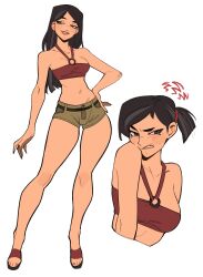1girl absurdres black_hair breasts commentary english_commentary green_shorts hand_on_own_hip heather_(total_drama) highres large_breasts long_hair midriff multiple_views navel porqueloin red_shirt shirt short_shorts shorts solo tank_top teeth thick_thighs thighs tight_clothes total_drama