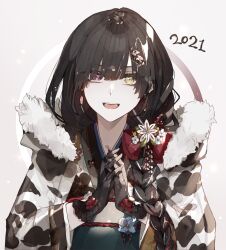 Rule 34 | 1girl, 2021, 9750isz, animal print, black gloves, black hair, bow, braid, chinese zodiac, cow print, dress, earrings, eyes visible through hair, floral print, floral print kimono, flower, fur trim, gloves, hair bow, hair ornament, hair over one eye, hairpin, heterochromia, highres, japanese clothes, jewelry, kimono, long hair, long sleeves, looking at viewer, obi, open mouth, original, print kimono, purple eyes, red bow, sash, simple background, smile, solo, teeth, upper body, upper teeth only, white background, wide sleeves, year of the ox, yellow eyes