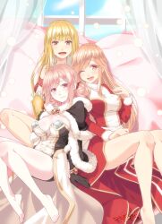 3girls armband barefoot black_cape black_gloves blonde_hair blunt_bangs blush breasts cape cecil_damon cleavage commentary_request cross cross_necklace double_bun dress full_body fur-trimmed_cape fur-trimmed_gloves fur_trim gloves hair_bun hair_ribbon high_priest_(ragnarok_online) high_wizard_(ragnarok_online) highres jewelry juliet_sleeves kathryne_keyron large_breasts long_hair long_sleeves looking_at_viewer margaretha_sorin masaki_shino multiple_girls necklace one_eye_closed open_mouth pink_hair puffy_sleeves ragnarok_online red_dress red_eyes red_ribbon ribbon sash short_hair smile sniper_(ragnarok_online) strapless strapless_dress swept_bangs two-tone_dress white_dress white_sash window yellow_gloves