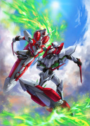 10s bad_id bad_pixiv_id battle board cloud dagger eureka_seven eureka_seven_(series) eureka_seven_ao flying highres kacyu knife mecha mecha_focus nirvash nirvash_neo nirvash_typezero no_humans robot sky sun weapon