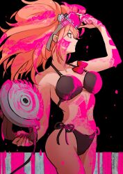 1girl absurdres bear_hair_ornament bikini black_background black_bikini blood bow breasts circular_saw closed_mouth collarbone cowboy_shot danganronpa:_trigger_happy_havoc danganronpa_(series) enoshima_junko goggles goggles_on_head hair_ornament hand_up highres holding large_breasts long_hair pink_blood profile red_bow saw side-tie_bikini_bottom solo swimsuit twintails youko-shima