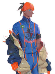 1boy black_hair black_hoodie blue_shirt blue_shorts buttons closed_mouth collared_shirt commentary_request dark-skinned_male dark_skin earrings gym_leader hood hoodie jewelry male_focus nintendo orange_headwear pokemon pokemon_swsh raihan raihan_(pokemon) shirt short_hair short_sleeves shorts solo undercut zukki_(suzukio)