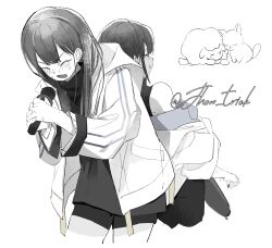 2girls aoki_hina bang_dream! bang_dream!_it&#039;s_mygo!!!!! blush cat chinese_commentary closed_eyes commentary_request greyscale highres holding holding_microphone holding_plectrum jacket jhon_trick long_hair long_sleeves microphone monochrome multiple_girls name_connection open_mouth plectrum sheep shirt shorts simple_background sleeveless sleeveless_shirt teeth upper_teeth_only voice_actor white_background youmiya_hina