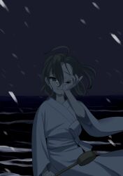 1girl absurdres ahoge black_hair cowboy_shot floating_clothes floating_hair hand_on_own_face highres holding holding_ladle japanese_clothes kepona kimono ladle long_sleeves looking_at_viewer murasa_minamitsu night ocean one_eye_closed outdoors rain short_hair solo tears touhou white_kimono wind yukata