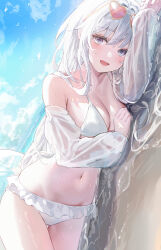 Rule 34 | 1girl, :d, absurdres, arl, bikini, blue eyes, blue sky, breasts, cleavage, day, eyewear on head, frilled bikini, frills, heart, heart-shaped eyewear, highres, long hair, medium breasts, navel, open mouth, original, outdoors, pink-tinted eyewear, sand, sky, smile, solo, sunglasses, swimsuit, tinted eyewear, water, wet, white bikini, white hair, yellow-framed eyewear