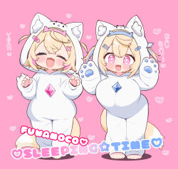 2girls absurdres alternate_costume animal_ear_fluff animal_ears bandaid bandaid_hair_ornament barefoot blonde_hair blue_hairband blush breasts character_name chibi chibi_only claw_pose closed_eyes commentary cowlick dog_ears dog_girl dog_tail english_commentary fuwawa_abyssgard hair_ornament hairband heart highres hololive hololive_english kani_bonara medium_hair mococo_abyssgard multicolored_hair multiple_girls onesie open_mouth pajamas paw_print pink_background pink_hairband siblings sisters spoken_heart standing tail twins two-tone_hair virtual_youtuber