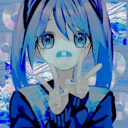 1girl bandaid bandaid_on_face bandaid_on_nose blue_eyes blue_hair blue_nails blue_theme cd closed_mouth double_v hands_up highres long_hair long_sleeves looking_at_viewer nail_polish original plaid solo straight-on twintails upper_body urokogaran v