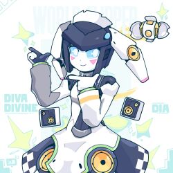 Rule 34 | 1girl, android, blue sclera, clothed robot, colored sclera, deozumitofu, dia (world flipper), dress, highres, humanoid robot, joints, mechanical skirt, metal skin, robot, robot joints, solo, speaker, white dress, white eyes, world flipper