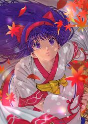 1girl ainu_clothes artist_name autumn_leaves breasts fingerless_gloves gloves hair_ribbon highres leaf legs long_hair looking_at_viewer looking_up nakoruru pants parted_lips purple_eyes purple_hair ribbon samurai_spirits small_breasts snk solo teeth the_king_of_fighters thighs tongue