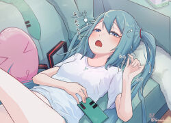 1girl :o aqua_eyes aqua_hair aqua_necktie artist_name blush breasts cellphone collarbone commentary_request couch doodle_inset double-parted_bangs drooling half-closed_eyes hatsune_miku highres long_hair looking_at_viewer lying midriff_peek motion_lines mouth_drool necktie on_back open_mouth phone pillow shirt short_sleeves sleepy small_breasts smartphone solo spring_onion spring_onion_print squeans stuffed_food stuffed_toy tissue_box translated twintails twitter_username unworn_necktie very_long_hair vocaloid waking_up waving white_shirt yasuno-labo