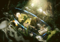 Rule 34 | 1boy, absurdres, bag, boat, brown bag, brown coat, brown pants, brown shoes, bubble, closed eyes, closed mouth, coat, collared shirt, commentary request, crossed bangs, dappled sunlight, dark-skinned male, dark skin, drawing (object), fern, fish, flower, forest, grass, hand on own face, highres, jellyfish, jimini shijimi, lifebuoy, light particles, log, long bangs, long sleeves, lying, male focus, moss, nature, notebook, on boat, on side, original, pants, parchment, plant, ruins, shadow, shirt, shoes, short hair, sleeping, solo, squid, sunlight, swim ring, tree, trench coat, watercraft, white-haired man (jimini shijimi), white hair, white shirt, wide shot