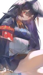 Rule 34 | 1girl, :o, absurdres, animal ear piercing, animal ears, bare legs, black hair, black skirt, breasts, brown collar, collar, commentary request, granblue fantasy, hair between eyes, highres, long hair, long sleeves, looking at viewer, medium breasts, nier (granblue fantasy), piercing, purassi88, red eyes, simple background, skirt, solo, white background