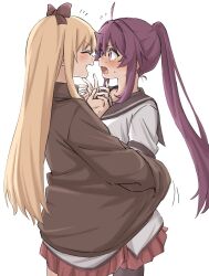 Rule 34 | 2girls, black bow, black pantyhose, blonde hair, blush, bow, closed eyes, commentary request, hair bow, highres, long hair, long sleeves, multiple girls, open mouth, orange eyes, pantyhose, pleated skirt, ponytail, purple hair, red skirt, shirt, simple background, skirt, smile, sugiura ayano, sweat, syonosuke9573, toshinou kyouko, white background, white shirt, yuri, yuruyuri