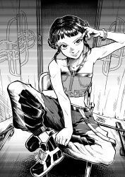 1girl blunt_bangs bracelet chair closed_mouth commentary double_bun english_commentary full_body greyscale hair_bun halterneck highres jewelry kpop_demon_hunters mayimster monochrome pants ring sidelocks sitting smile solo zoey_(kpop_demon_hunters)