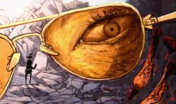 3boys alternate_form arm_up arthropod_limbs commentary dr._vegapunk english_commentary eye_reflection eyelashes highres jaygarcia_saturn kizaru_(one_piece) male_focus multiple_boys one_piece reflection rubble seithennyn silhouette sunglasses symbolism tinted_eyewear yellow-tinted_eyewear