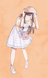 1girl 965ma_mogumogu ^_^ absurdres adjusting_clothes adjusting_headwear bag blue_dress breasts brown_hair closed_eyes commentary dot_nose dress eyelashes frilled_dress frilled_jacket frills full_body grin handbag hands_on_headwear hat highres idolmaster idolmaster_shiny_colors jacket large_breasts light_blush long_hair long_sleeves official_alternate_costume open_mouth orange_background pink_bag plaid_clothes plaid_dress puffy_sleeves shoes short_sleeves simple_background smile solo straw_hat swept_bangs teeth tsukioka_kogane white_jacket white_shoes