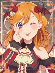 1girl absurdres birthday blush commentary confetti demon_girl demon_horns demon_wings flower hair_flower hair_ornament highres horns kyaku_tasu looking_at_viewer love_live! love_live!_superstar!! orange_hair purple_eyes red_flower red_rose rose shibuya_kanon signature solo tongue tongue_out twitter_username upper_body watermark wings yellow_flower yellow_rose