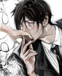 1boy ambiguous_gender black_hair black_nails black_necktie formal_clothes highres jewelry kiss kissing_hand kuroshitsuji looking_at_another male_focus nail_polish necktie red_eyes ring sebastian_michaelis short_hair simple_background slit_pupils suit thumb_ring v3raxyy white_background