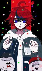 1boy ahoge beret black_background black_hair blue_eyes blue_hair blush brain confetti english_text fingernails hands_up hat heart highres hood hoodie mascot messy_hair multicolored_eyes multicolored_hair nigou_(hundred_line) open_mouth red_eyes red_hair sirei_(hundred_line) sumino_takumi teeth the_hundred_line_-last_defense_academy- upper_body upper_teeth_only