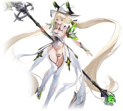 1girl absurdly_long_hair armor bare_shoulders blonde_hair blue_eyes boots breasts cleavage closed_mouth detached_collar dress ether_(starward) full_body hat high_heel_boots high_heels highleg highleg_leotard holding holding_polearm holding_weapon large_breasts leotard long_hair looking_at_viewer low_twintails official_art polearm see-through_clothes shoulder_armor simple_background solo staff starward strapless strapless_leotard thigh_strap thighhighs transparent_background twintails vambraces very_long_hair weapon white_background white_dress white_leotard white_thighhighs witch_hat